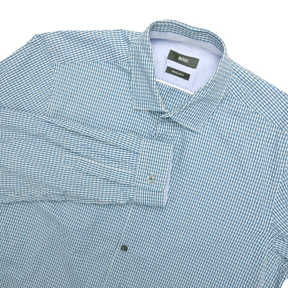 Boss Regular Fit Shirt Mens M Blue Check Long Sleeve Button Up Cotton Casual